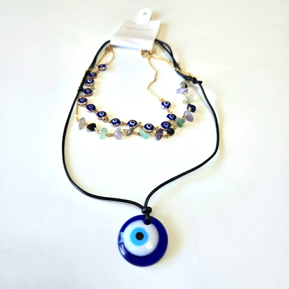3Pcs Boho Blue Lucky Evil Eye Pendant Choker Necklace for Women Irregular Bead - Picture 2 of 7